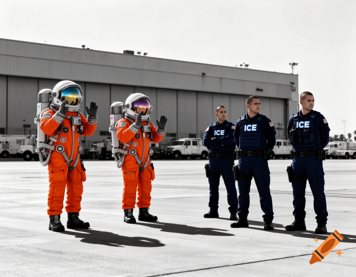 Two astronauts in orange spacesuits interacting with three ICE agents on an airport tarmac in front of a hangar.