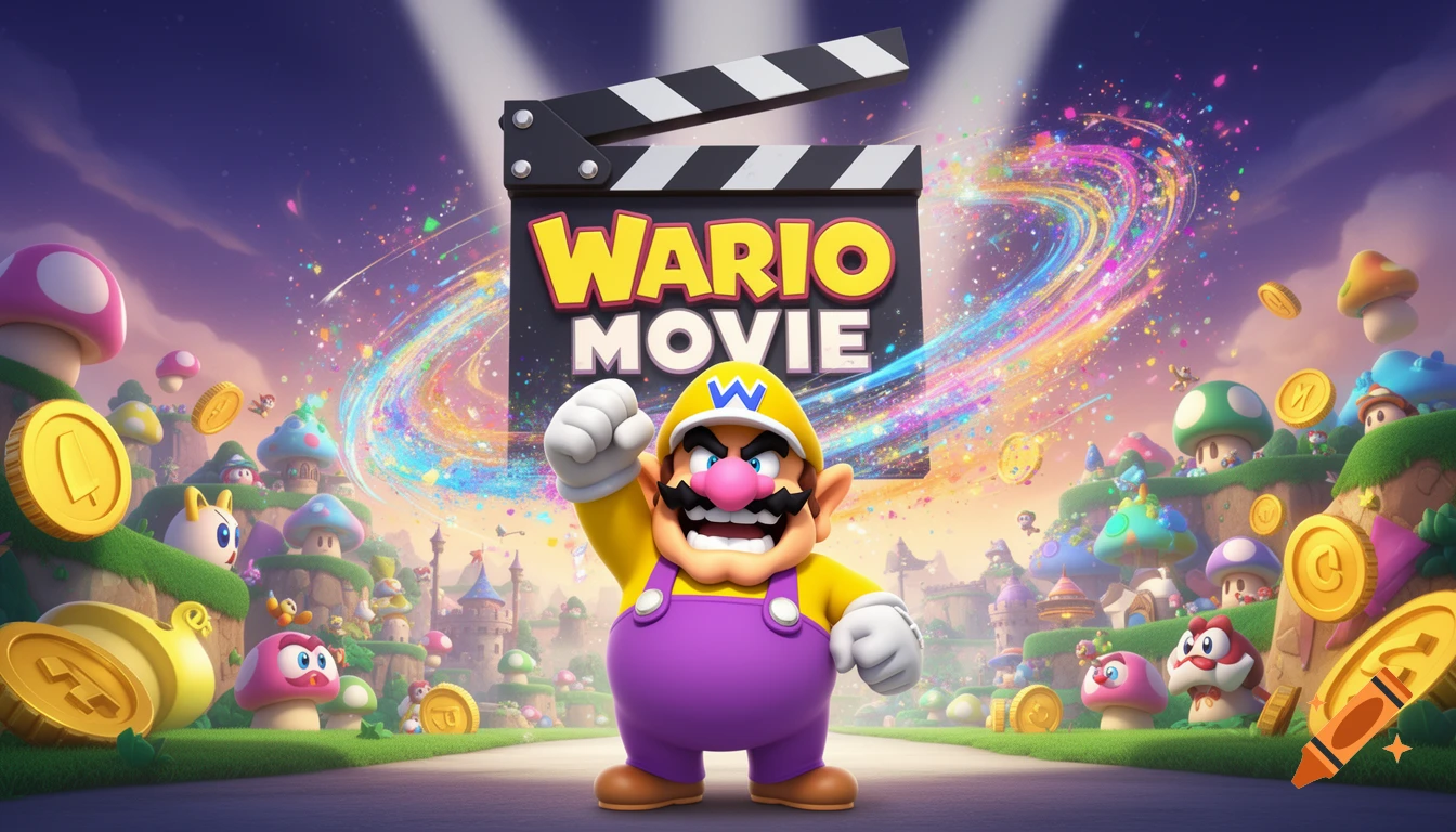 Wario poses in front of a 'Wario Movie' clapperboard amidst a vibrant fantasy landscape with mushrooms and coins.