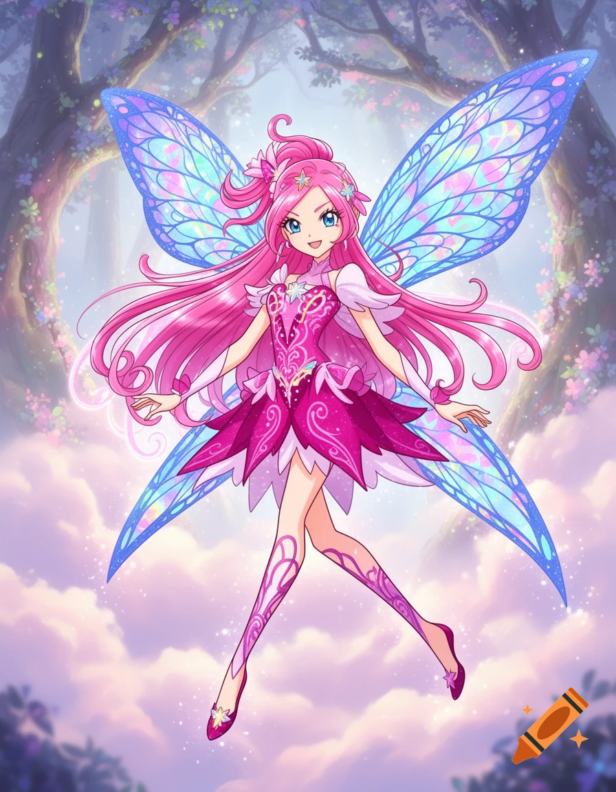 An anime-style fairy with long pink hair, a fuchsia dress, and shimmering blue wings floats in an enchanted forest.