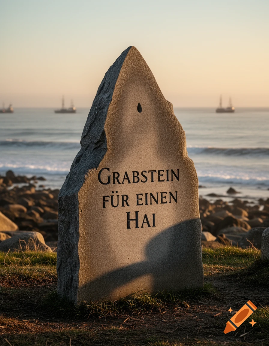A photorealistic image of a stone tombstone with "Grabstein f einen Hai" (Tombstone for a Shark) on a rocky beach at sunset.