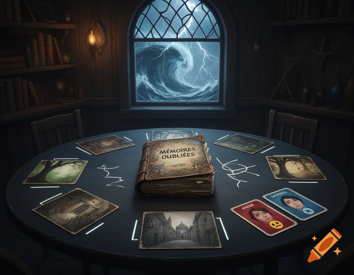 A dimly lit fantasy room with an arched window showing a stormy sea and lightning. On a round table, a book titled "MÉMOIRES OUBLIÉES" is surrounded by game cards depicting landscapes and emotion-themed cards.