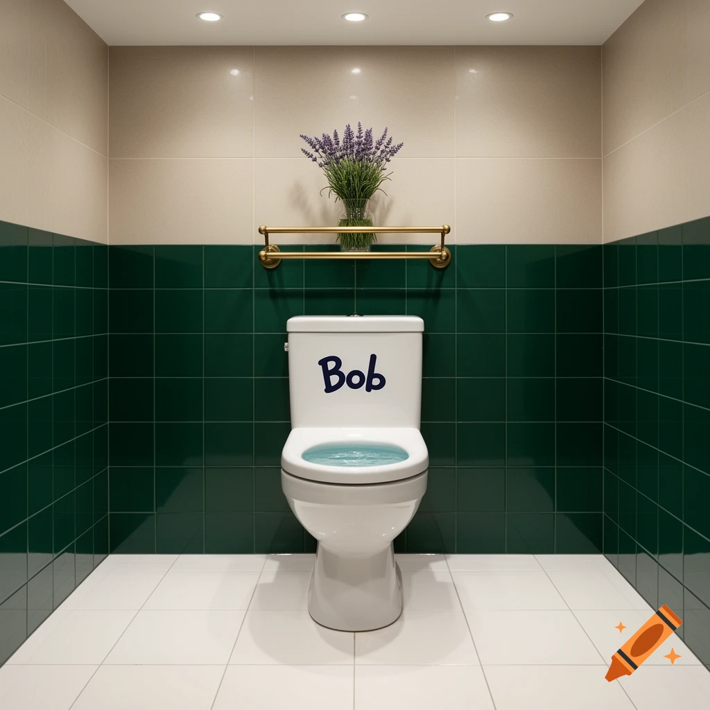 A clean, modern bathroom with green and beige tiled walls, a white toilet with the word 'Bob' on its tank, and a vase of lavender on a gold towel rack.