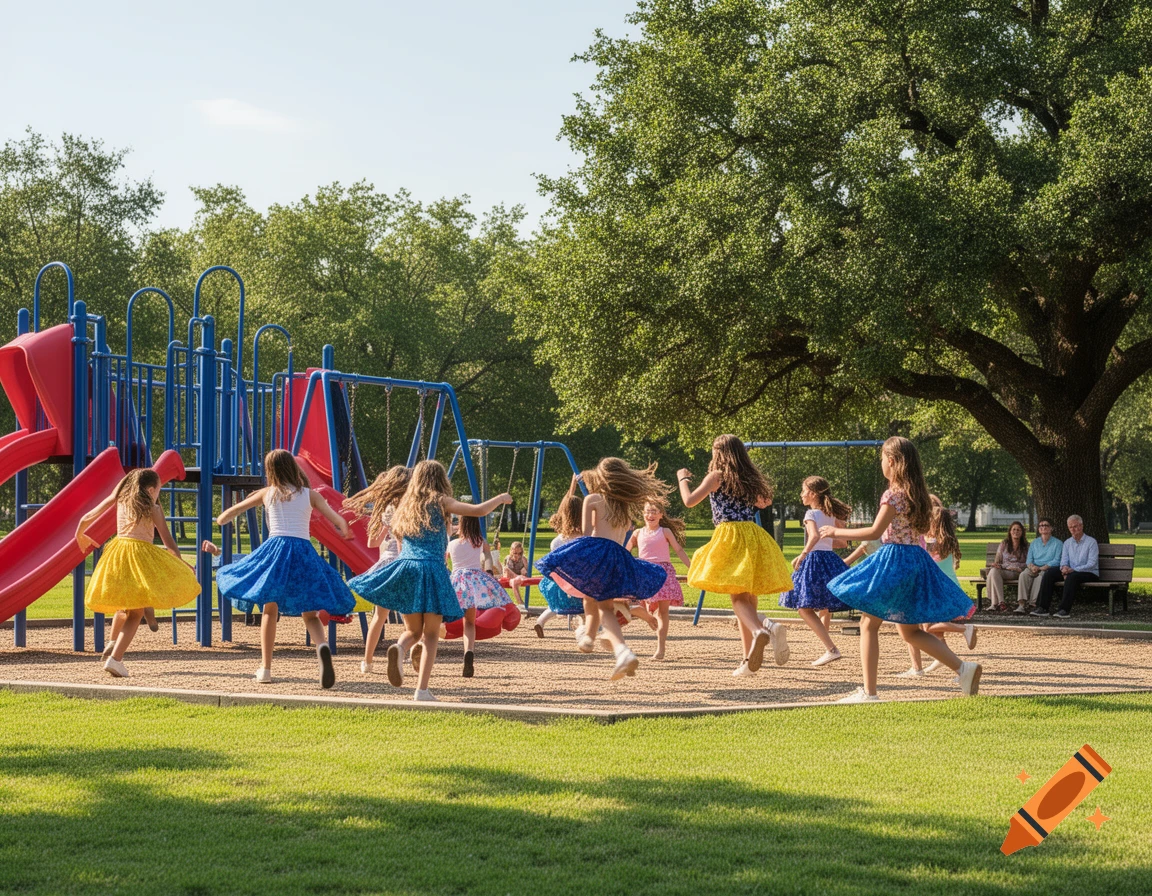 Girls in colorful skirts play and run on a sunny playground with a red slide, blue swings, and large trees.