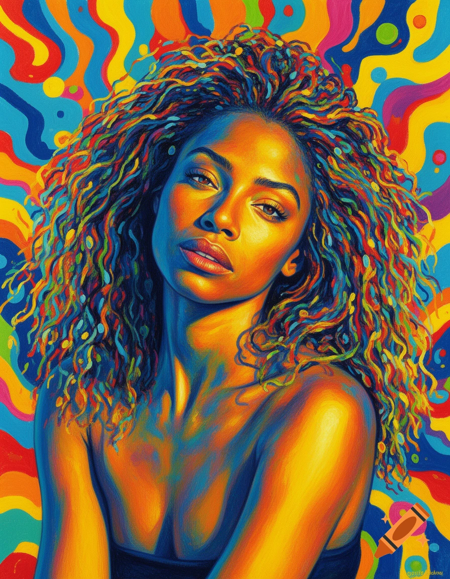 Vibrant, colorful portrait of a woman with curly hair against a psychedelic background in the style of David Hockney.