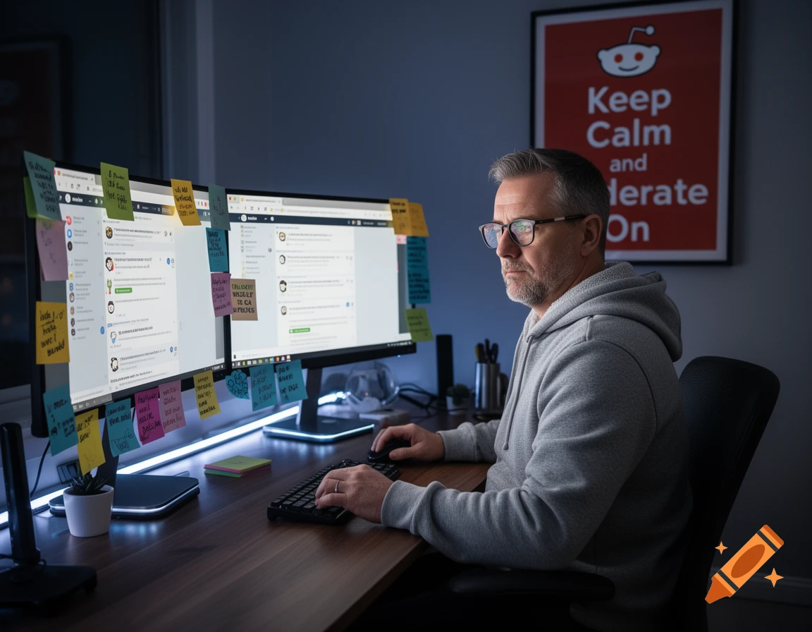 Man in glasses and grey hoodie works at a desk with dual monitors covered in sticky notes, a Reddit 'Keep Calm' poster on the wall.