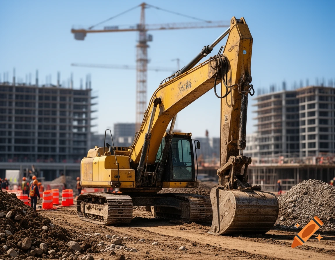 A large yellow excavator at a dusty construction site with buildings under construction and cranes in the background, under a clear blue sky.