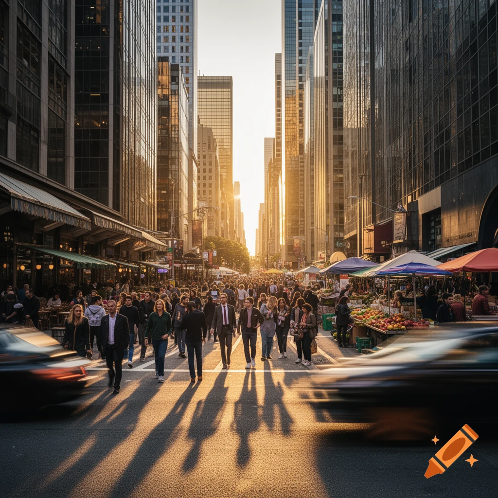 A bustling city street at sunset with pedestrians walking, blurred cars, tall buildings, and market stalls.