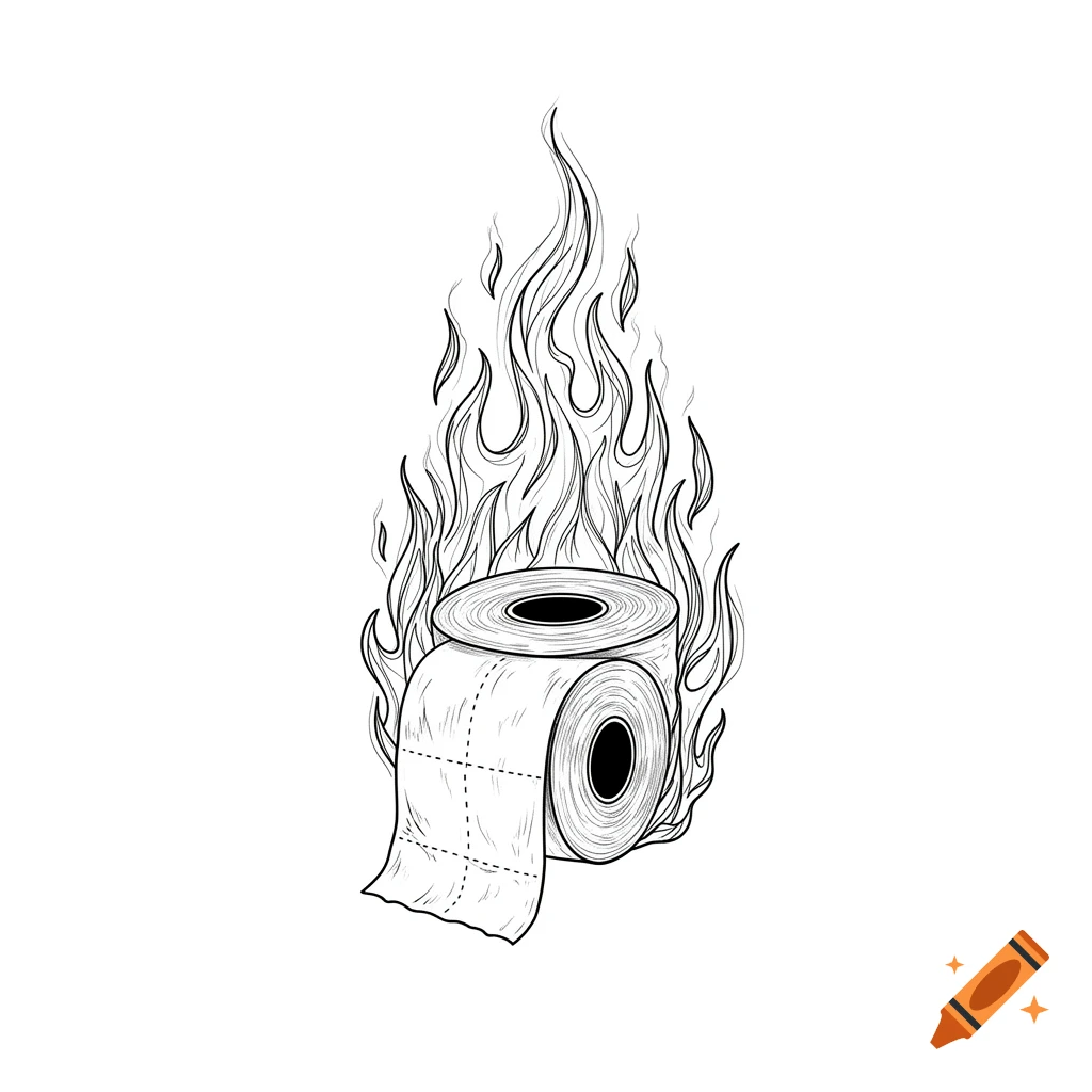 Black and white line drawing of two toilet paper rolls engulfed in flames.