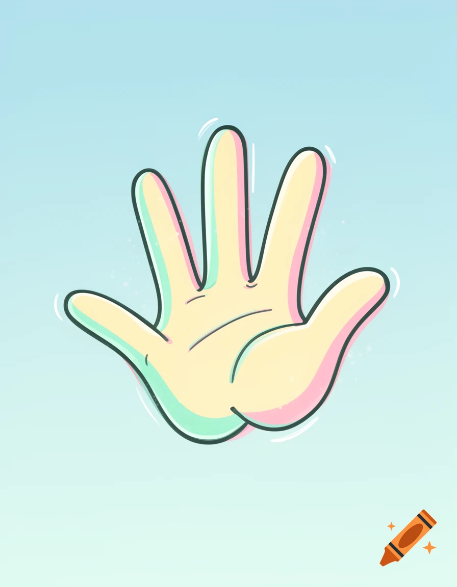 Cartoon illustration of a hand with spread fingers, floating on a light blue gradient background.