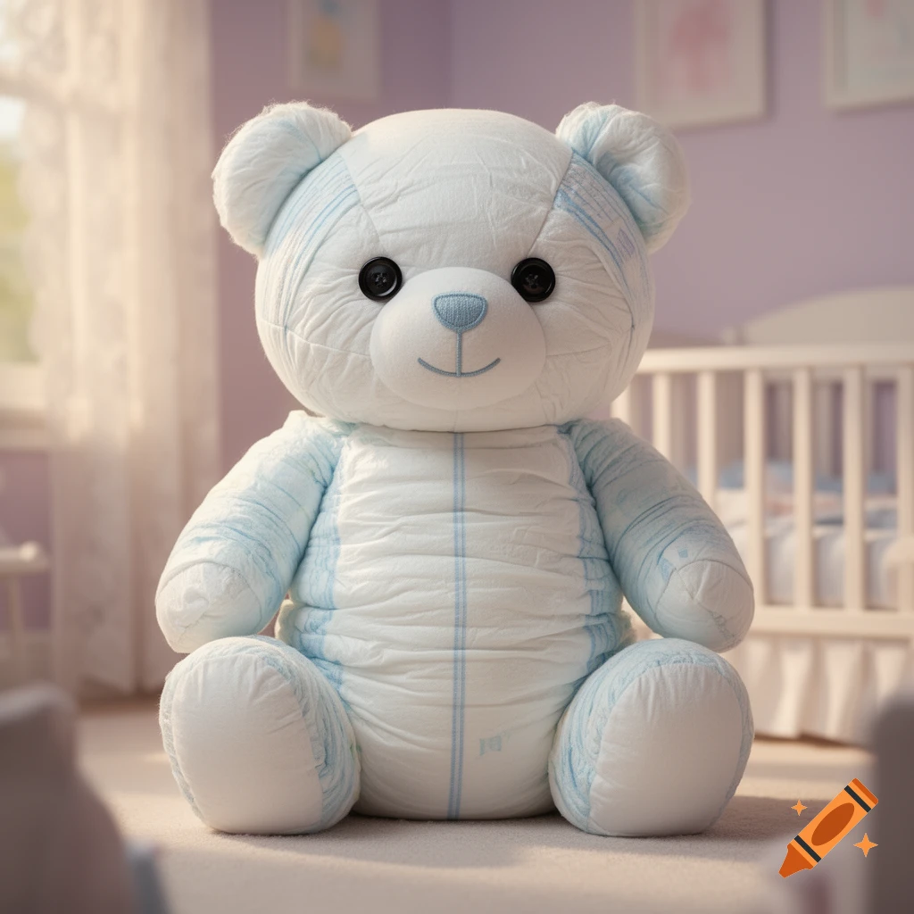 A photorealistic teddy bear made of white and light blue diapers sits on the floor in a soft-lit nursery.