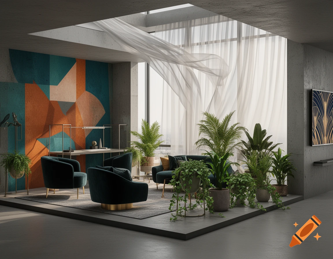 A modern, minimalist room with teal velvet armchairs, several potted plants, a window wall with flowing sheer curtains, and a vibrant abstract mural in teal and orange.