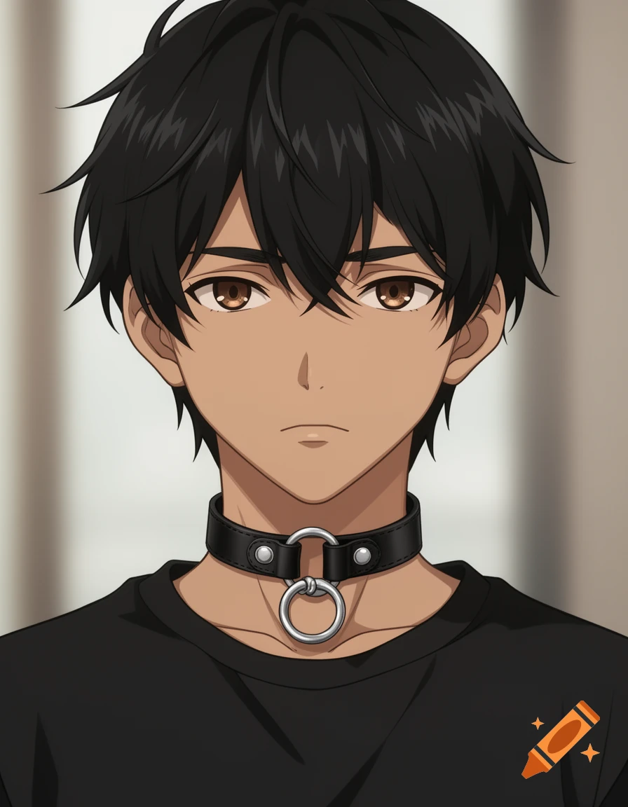 Anime portrait of a young person with dark hair, brown eyes, and warm ...