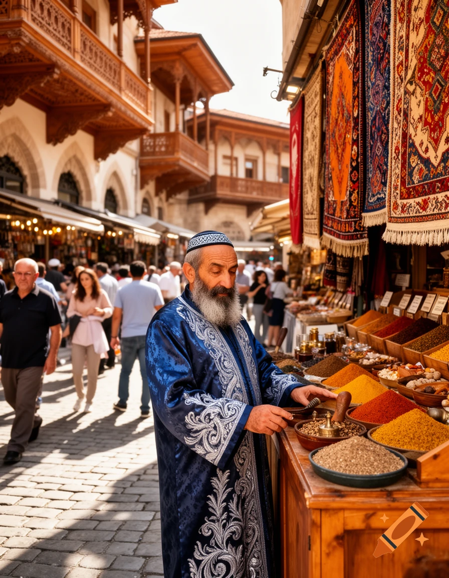 A bearded man in a blue embroidered robe and cap prepares spices at a market stall, surrounded by traditional buildings and hanging rugs.
