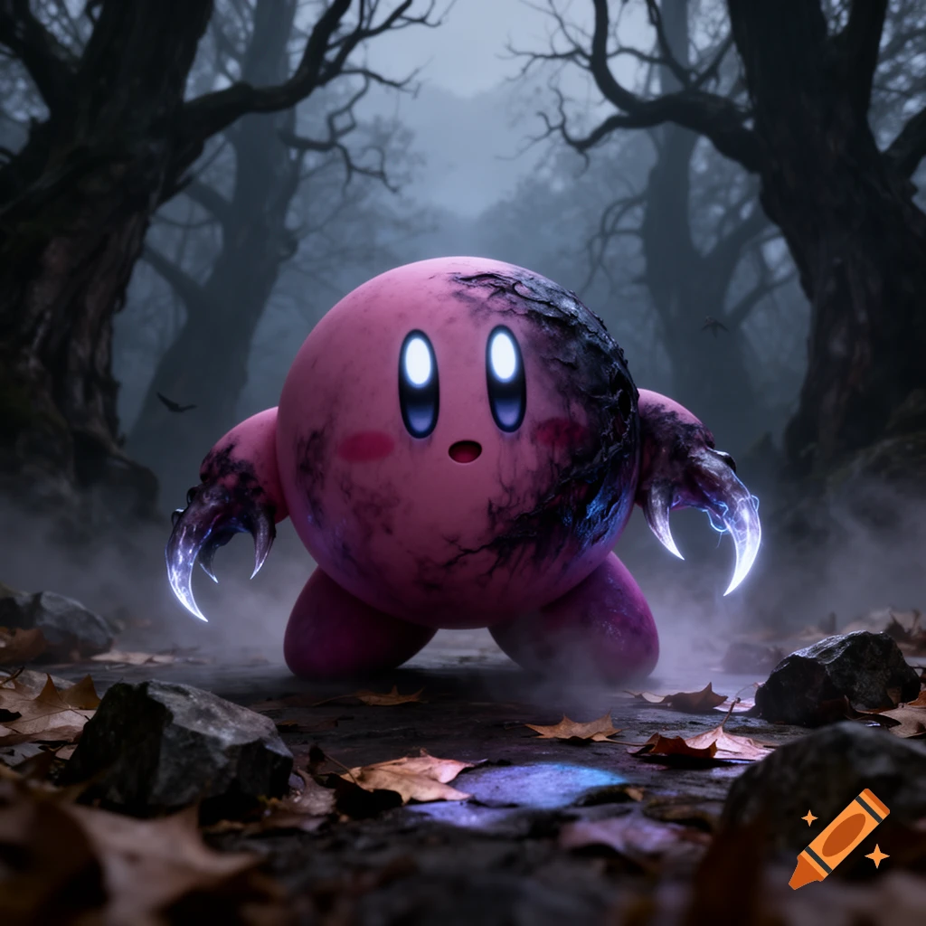 A dark, ominous image of a cursed Kirby with glowing eyes and sharp claws, standing in a misty, dead forest with fallen leaves.