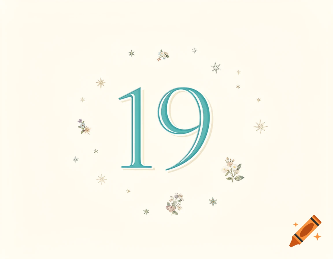 Large teal and cream number 19 with small flowers and stars on a light, minimalist background.