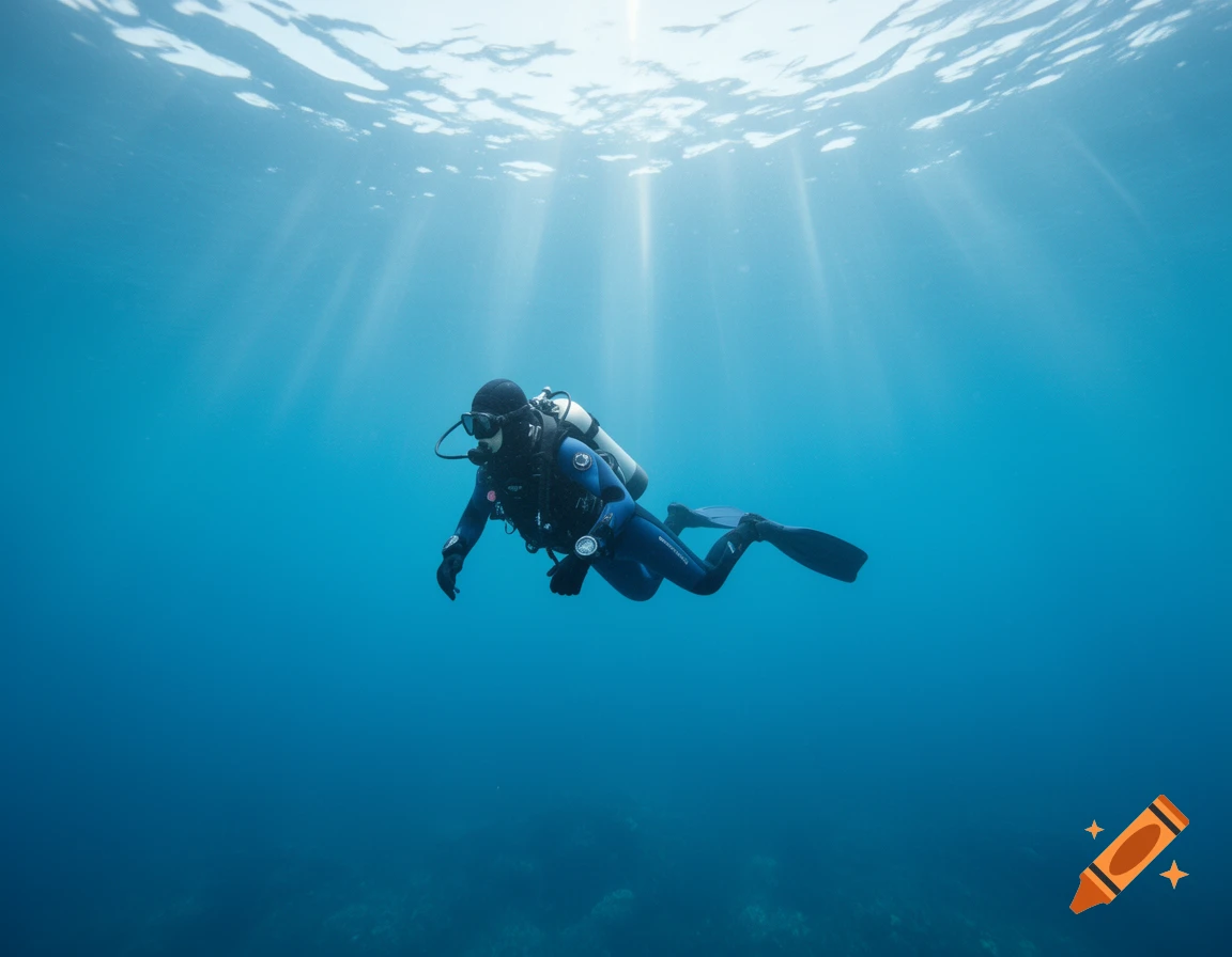 A scuba diver floats calmly underwater with sun rays shining through the clear blue water, a photorealistic image.