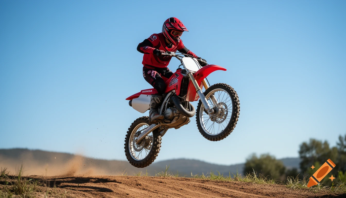 A motocross rider in red gear on a Honda dirt bike jumps high against a clear blue sky, kicking up dirt.