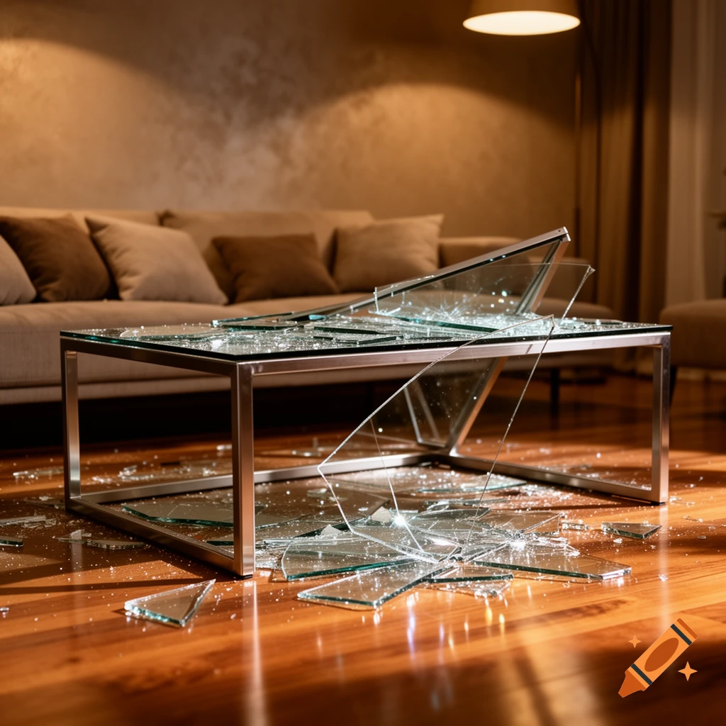 Shattered glass coffee table in a modern living room, with glass pieces scattered on the wooden floor.