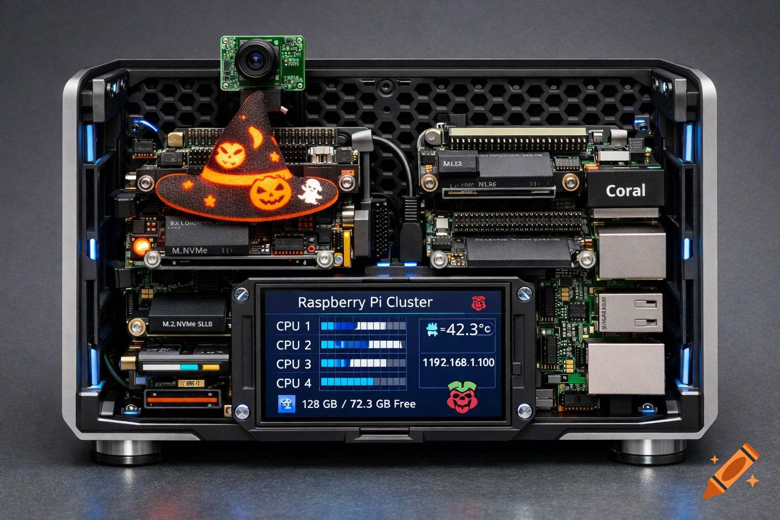 A detailed view of a Raspberry Pi cluster case with a screen showing stats, a Halloween witch hat, and various computer components.