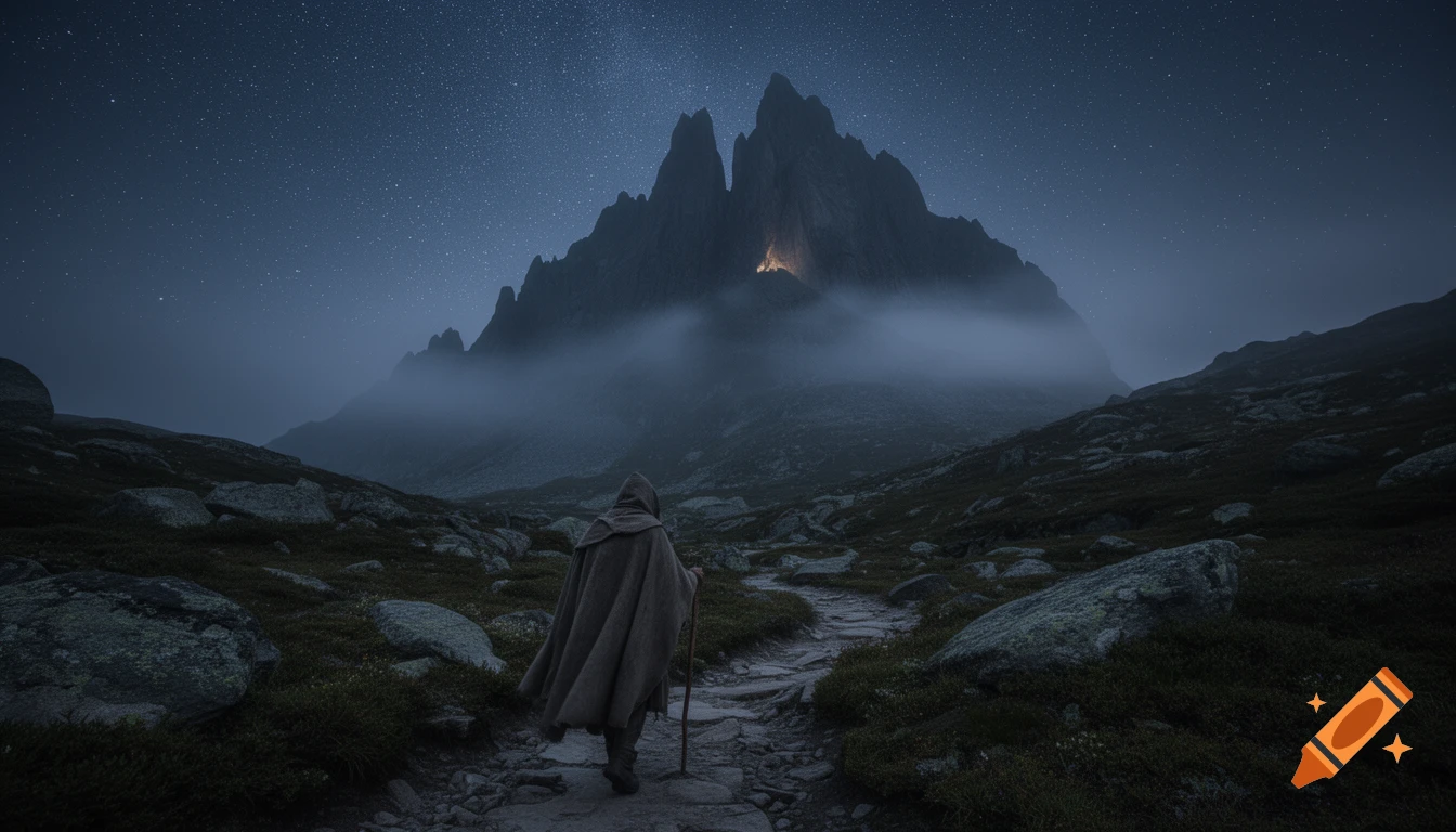A cloaked figure walks on a rocky path towards a mysterious, misty mountain with a glowing light under a starry night sky.