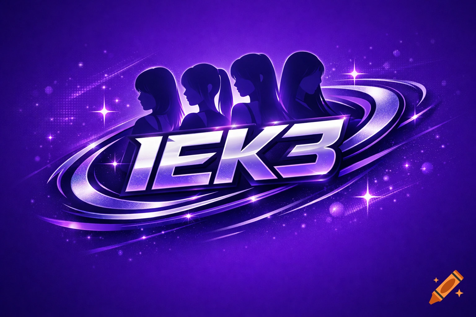 Purple K-pop group logo for IEK3 featuring four female silhouettes and metallic swirling elements with stars.