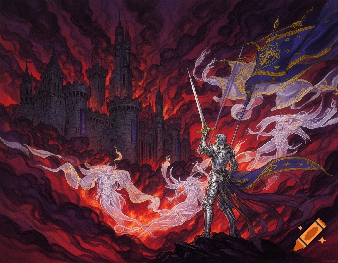 A knight holding a sword and flag stands before a burning castle, surrounded by ethereal figures in a fantasy artwork style.