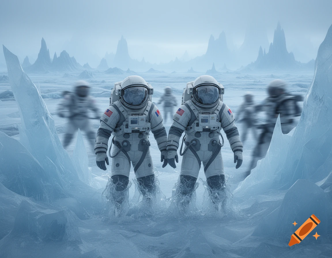 Two astronauts in white suits wade through icy water on a frozen alien landscape with jagged ice peaks and blurry figures in the background.