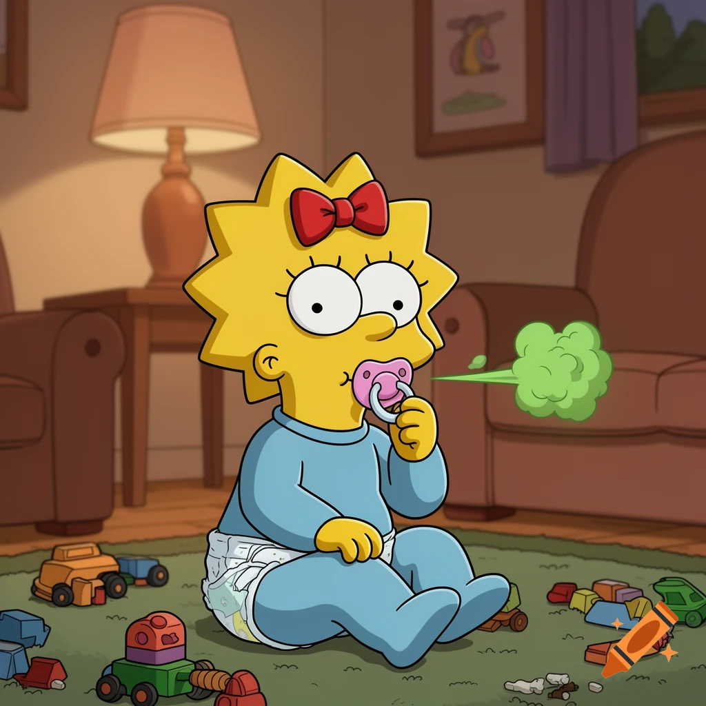 Maggie Simpson, a baby in a diaper, sits on a green rug surrounded by toys, with green gas emanating from behind her.