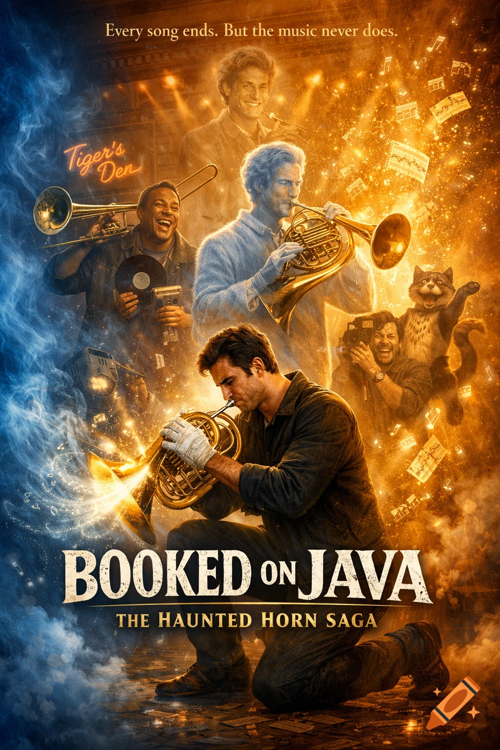Dynamic movie poster with musicians playing brass instruments amidst smoke and golden light. A man kneels playing a French horn, surrounded by other figures and a cat, with musical notes and text.