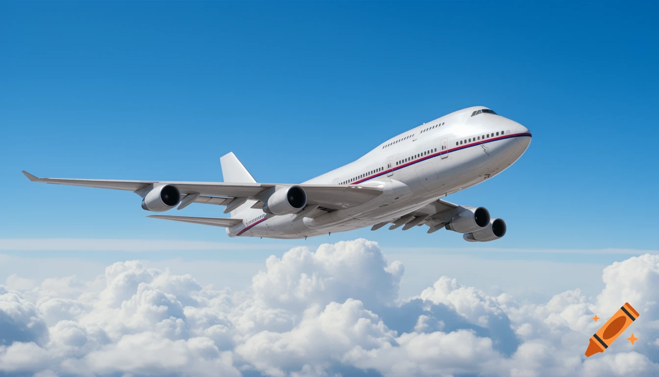 A large white Boeing 747 airplane with red and blue stripes flies over white clouds in a clear blue sky, viewed from below.