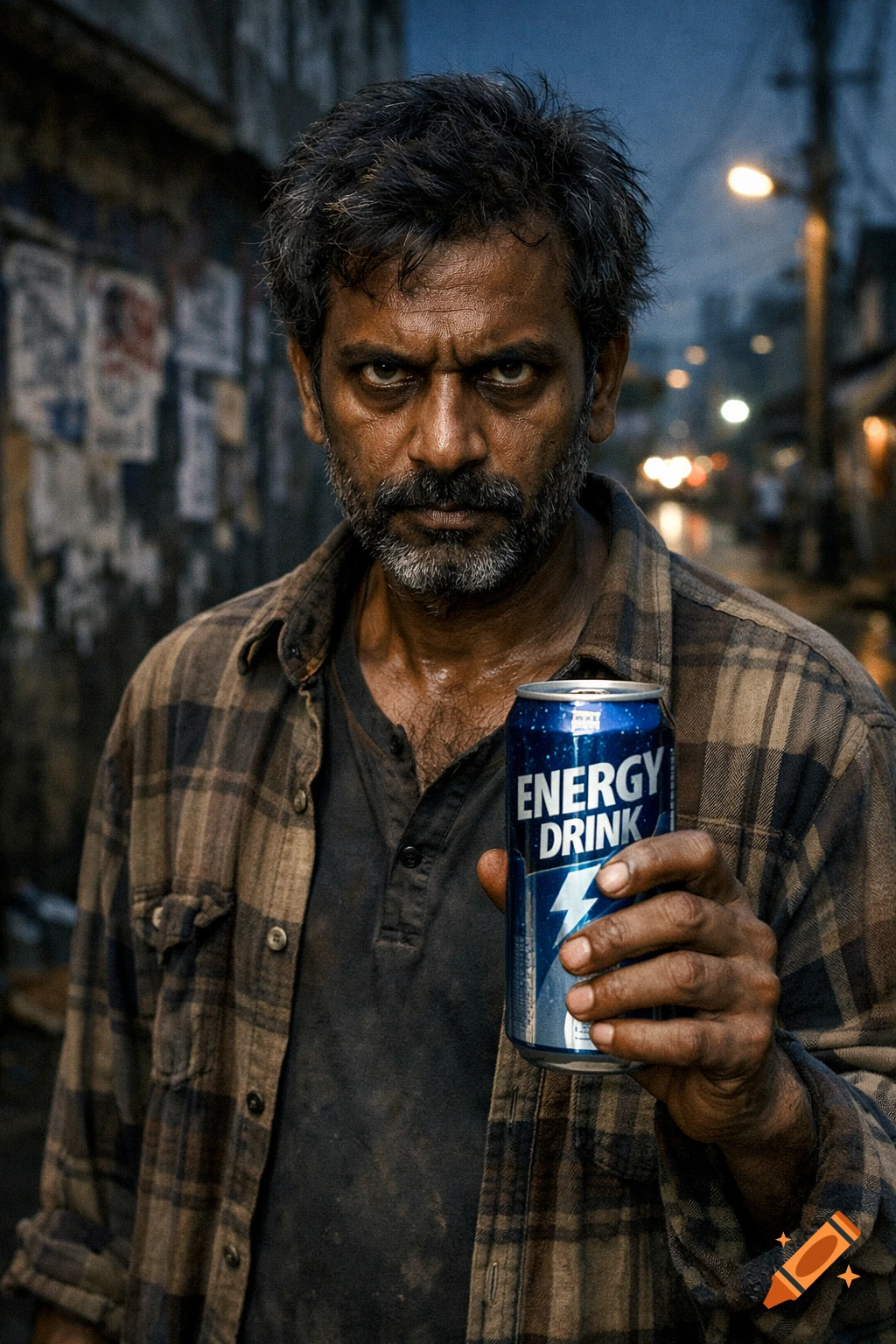 A serious-looking man with a beard and a plaid shirt holds a blue can labeled 'ENERGY DRINK' in a gritty, urban setting.