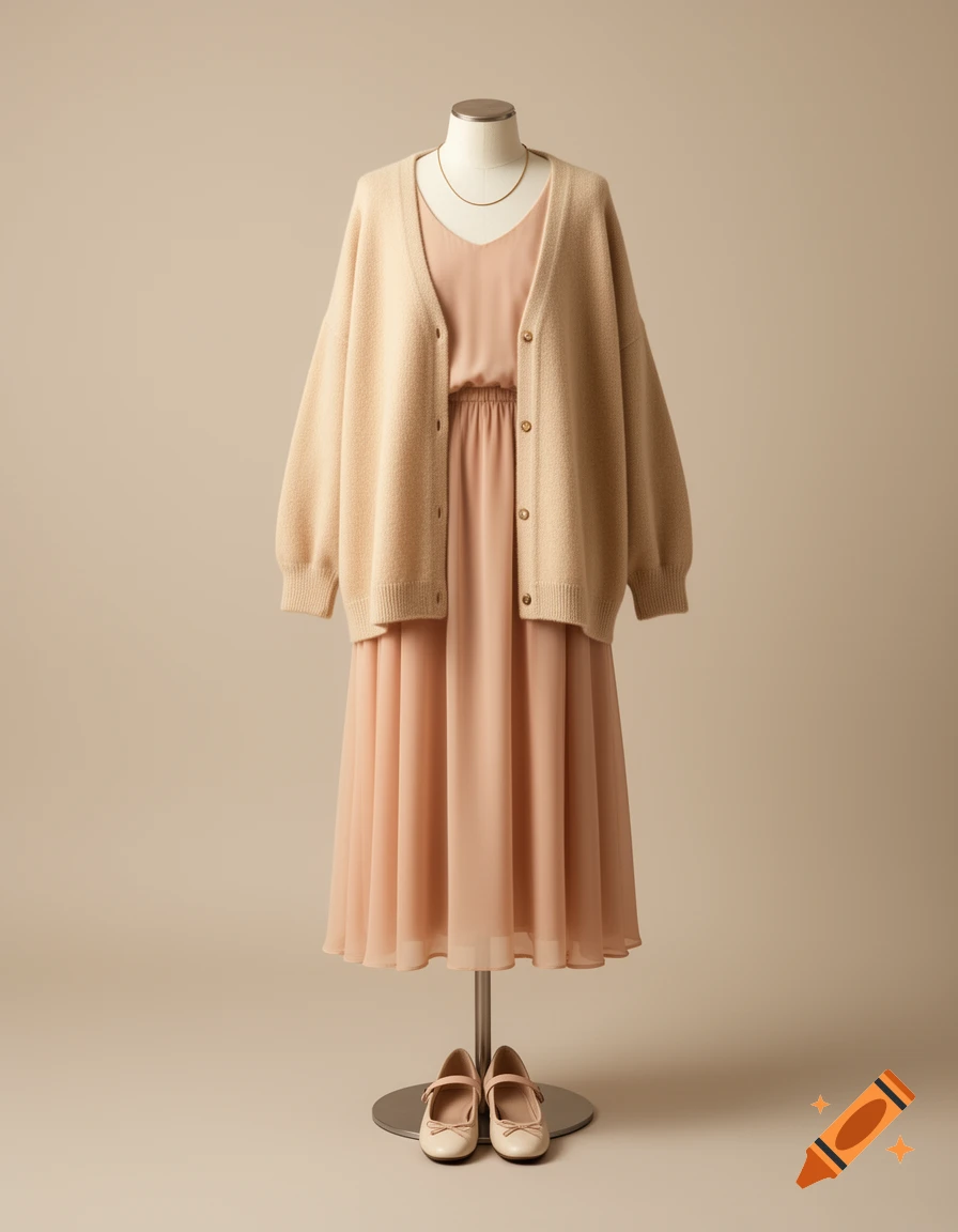 A light peach midi dress and an oversized beige cardigan styled on a mannequin, paired with cream Mary Jane shoes.