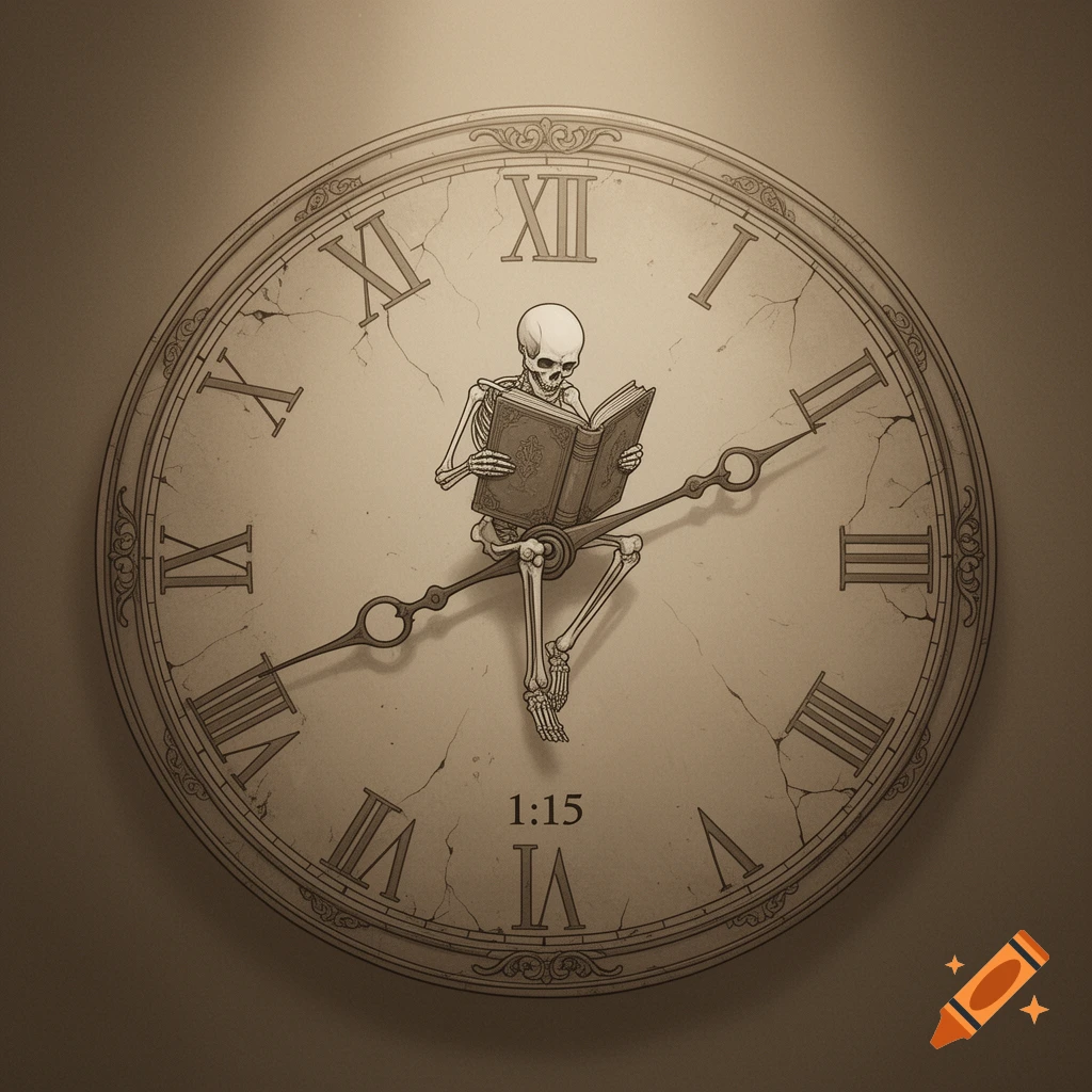 A stylized skeleton reads a book while sitting on the minute hand of a vintage, cracked clock face that shows 1:15.