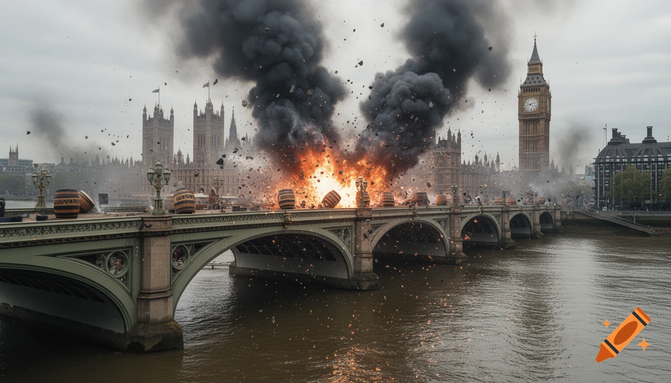Westminster Bridge exploding with fire and smoke above the Thames River, Houses of Parliament and Big Ben in background.