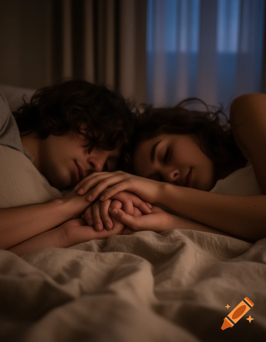 A couple sleeps peacefully in bed, holding hands, in a dim, intimate light.