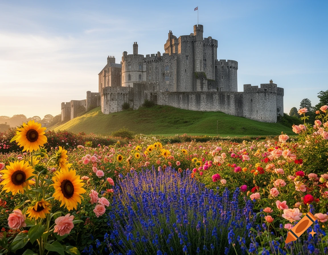 A majestic stone castle on a green hill overlooks a vibrant field of sunflowers, roses, and lavender under a clear sky.