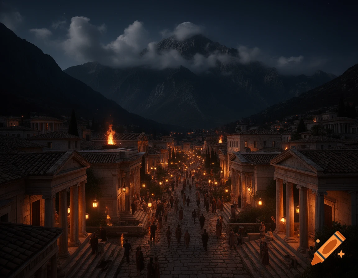 A dramatic night view of an ancient Greek/Roman-style city nestled in mountains, illuminated by glowing lanterns and fires.