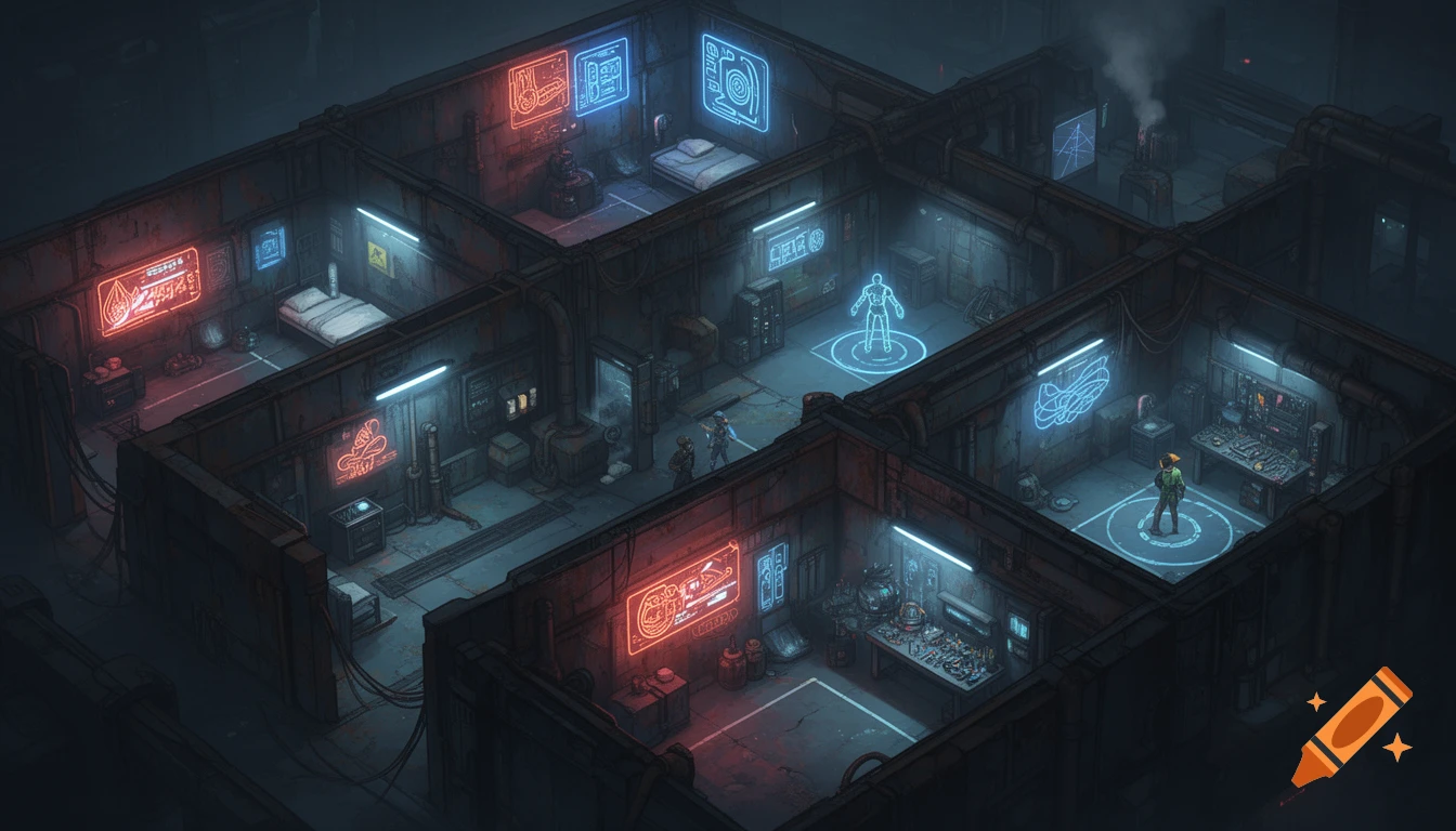 Isometric top-down view of a cyberpunk dystopian headquarters with neon-lit rooms including sleeping quarters, training area, and workshops.