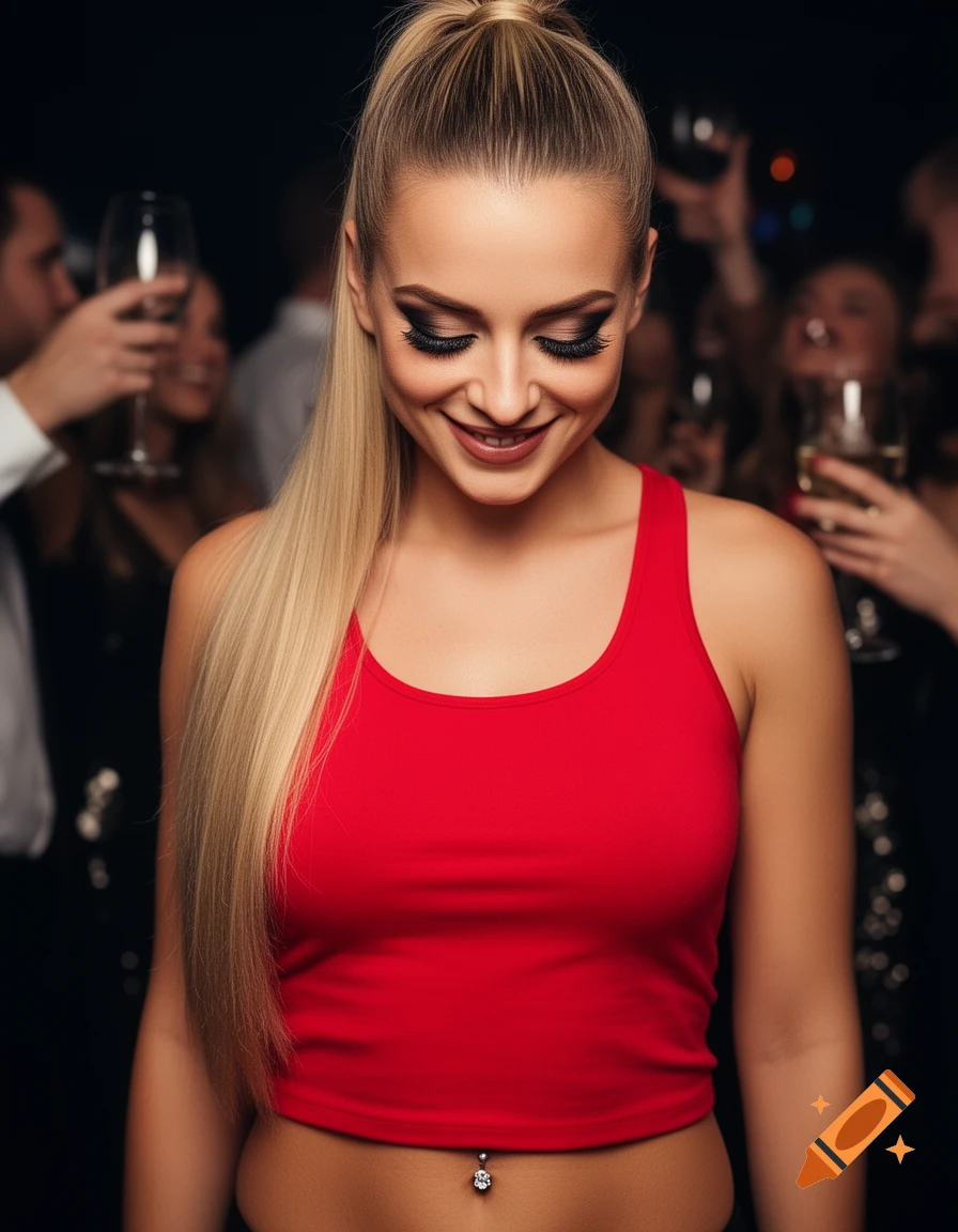 Hyperrealistic close-up of a smiling blonde woman in a red tank top, looking down, with a belly button piercing at a dark party.