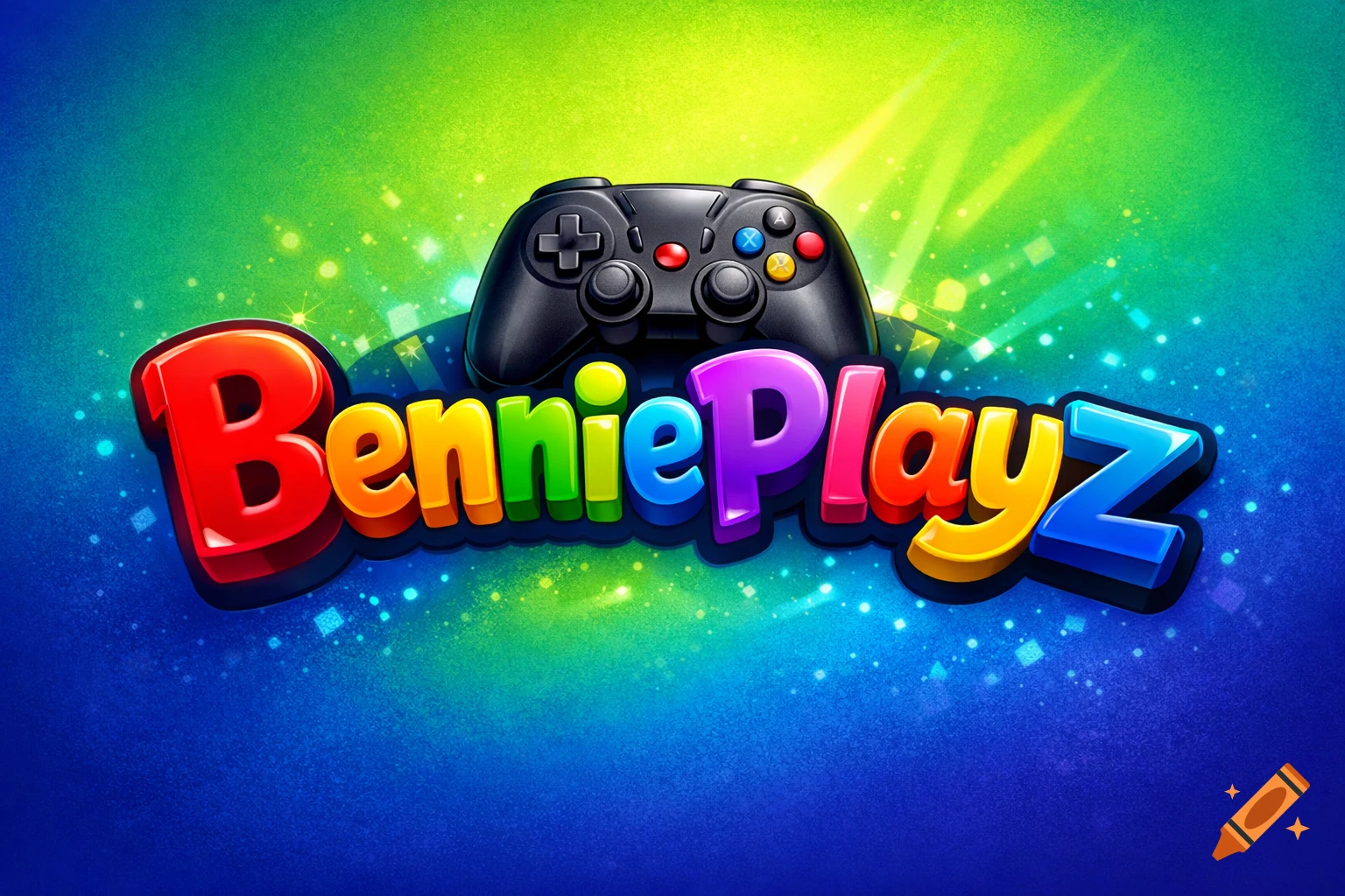 Colorful 3D bubble letters spelling 'BenniePlayZ' with a black game controller on top, set against a vibrant green and blue background.