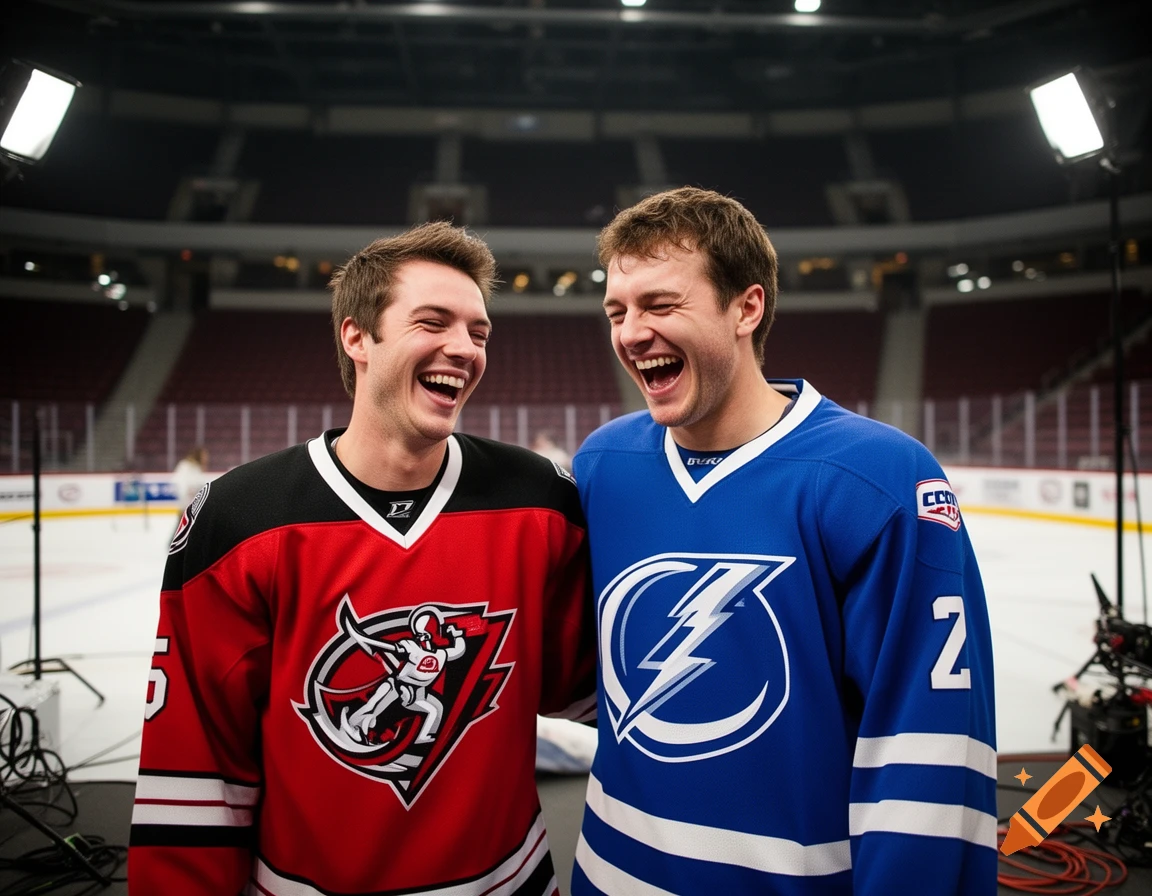 Two smiling male hockey players in red and blue jerseys laugh together on an ice rink during a photoshoot, with stadium lights in the background. Photorealistic style.