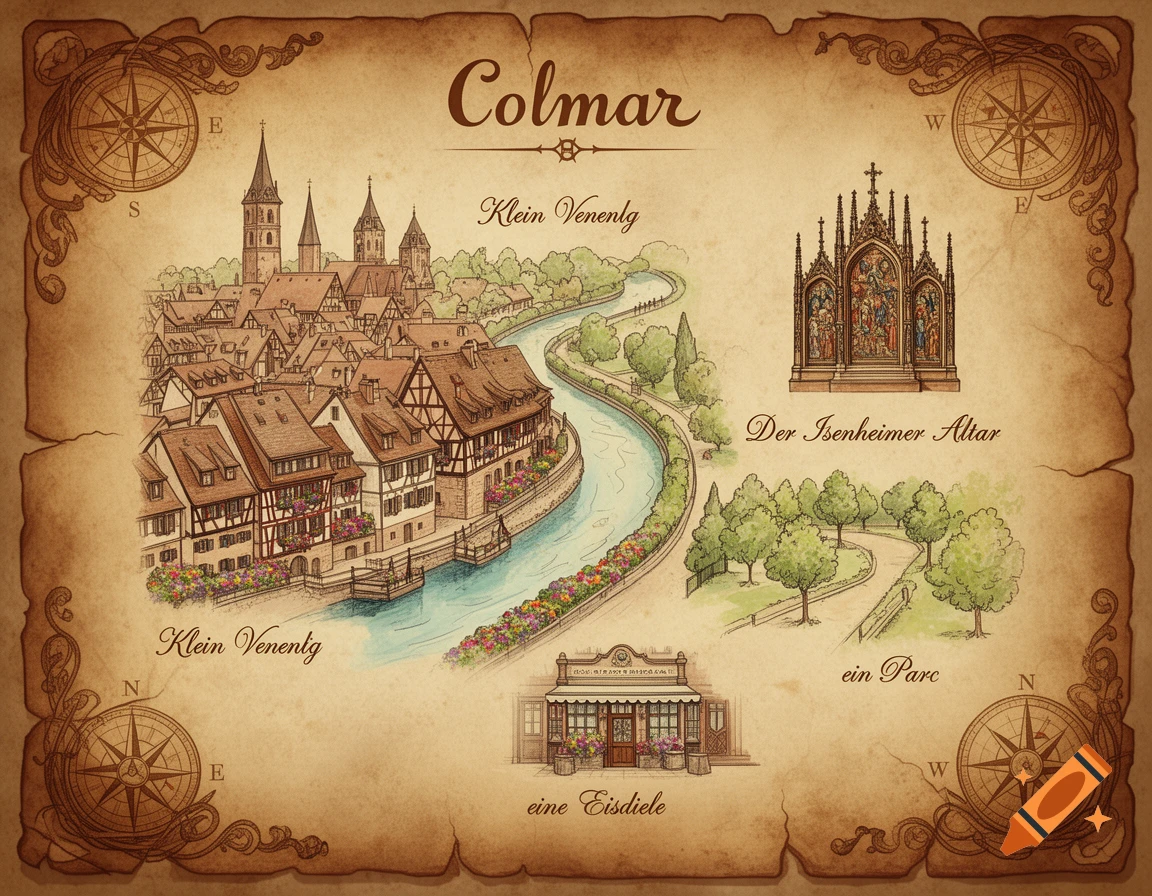 A vintage illustrated map of Colmar, France, detailing Little Venice, the Isenheim Altarpiece, a park, and an ice cream parlor.