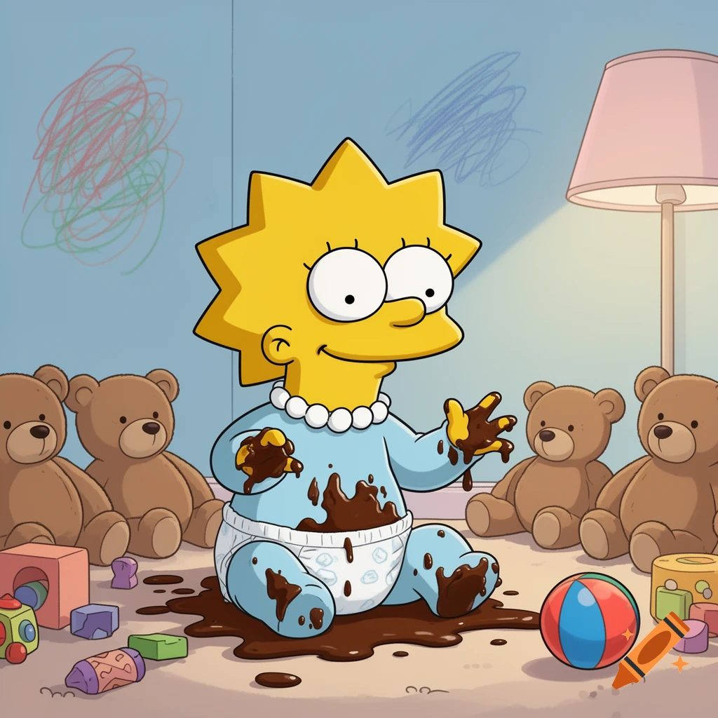 Cartoon baby Lisa Simpson sitting on the floor covered in melted chocolate, surrounded by teddy bears and toys in a nursery.