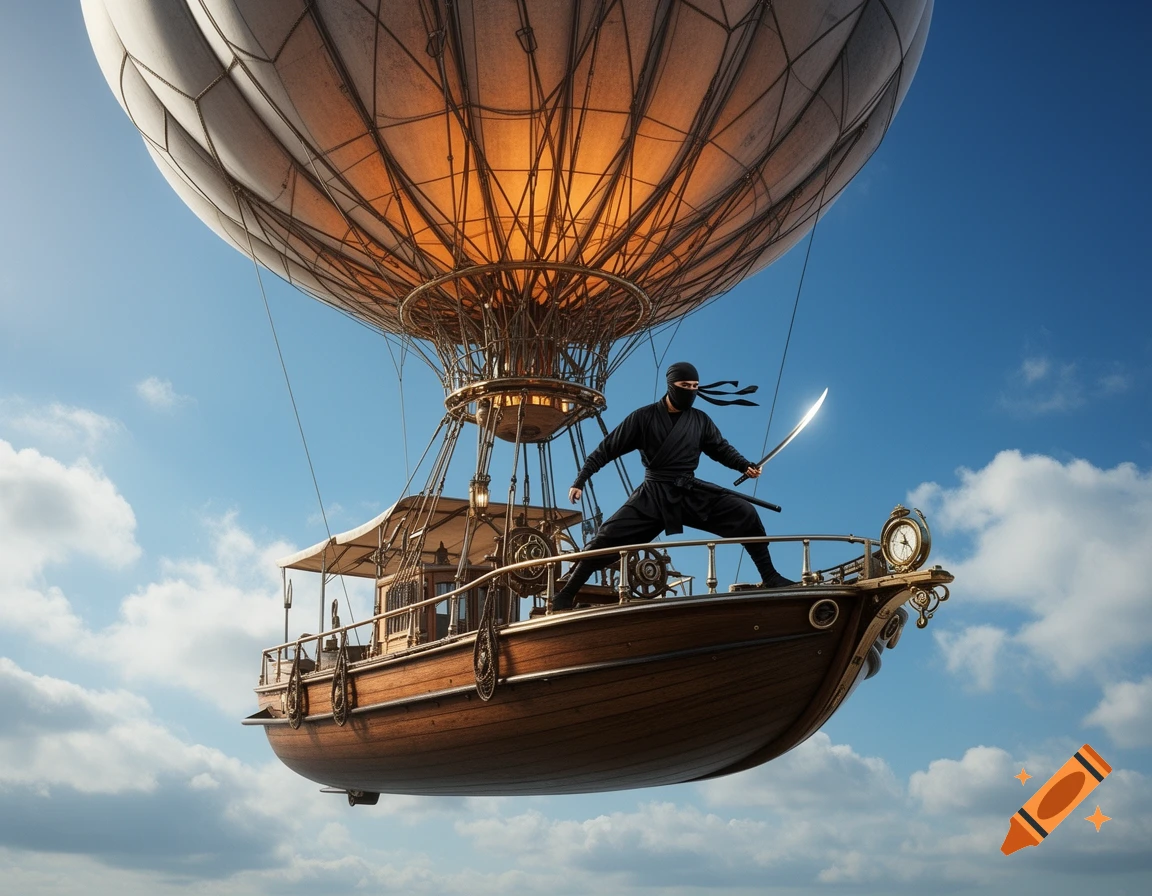 A ninja wielding a katana stands on a steampunk flying boat with a blimp against a cloudy blue sky.