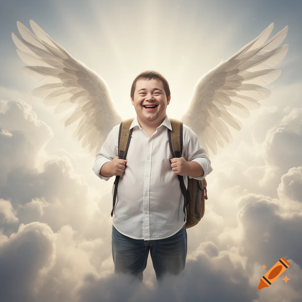 A joyful man with large white wings and a backpack stands among clouds, bathed in heavenly light.