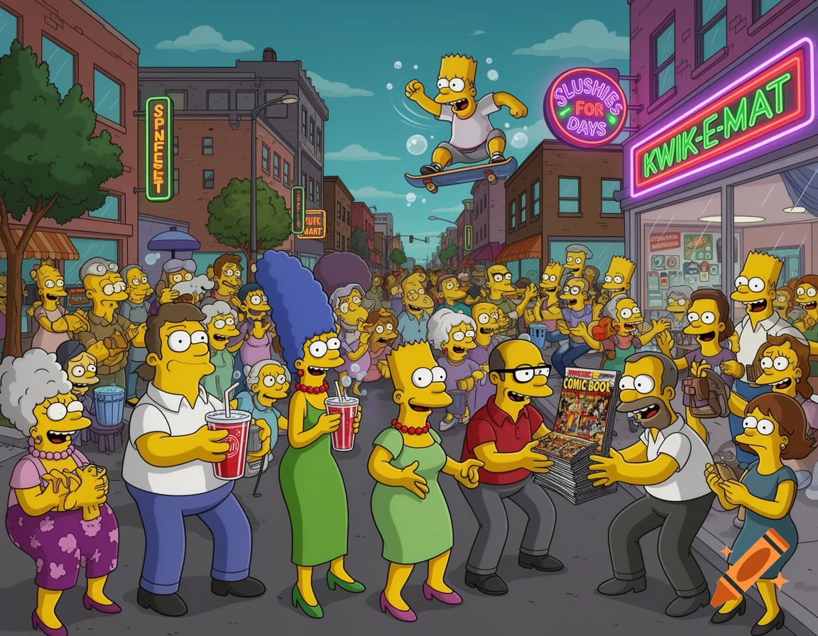 A large crowd of Simpsons-style yellow characters fills a lively street in front of a Kwik-E-Mart, with Bart skateboarding above.