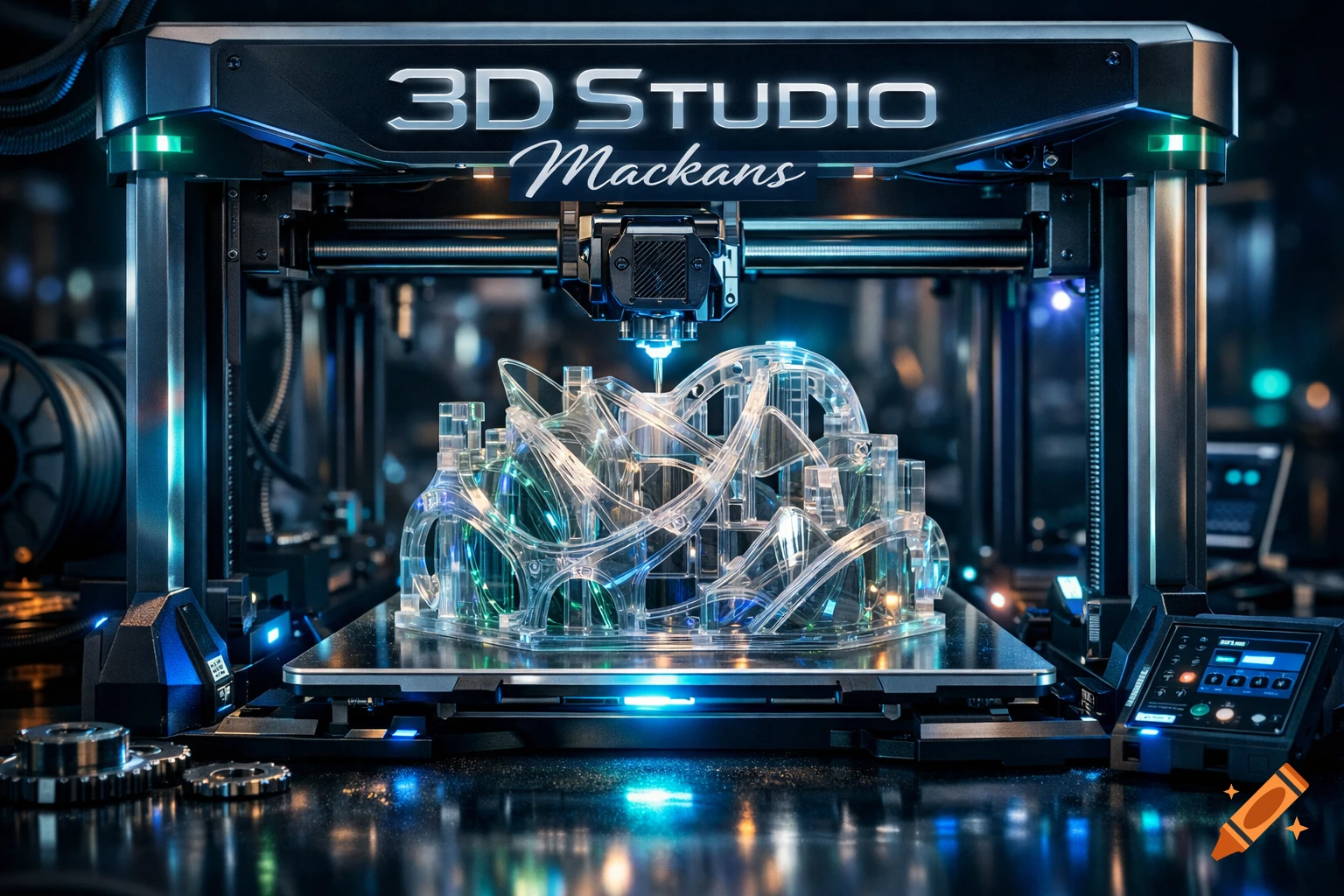 A photorealistic 3D printer with '3D STUDIO Mackans' text, printing an intricate clear object glowing with blue and green light.