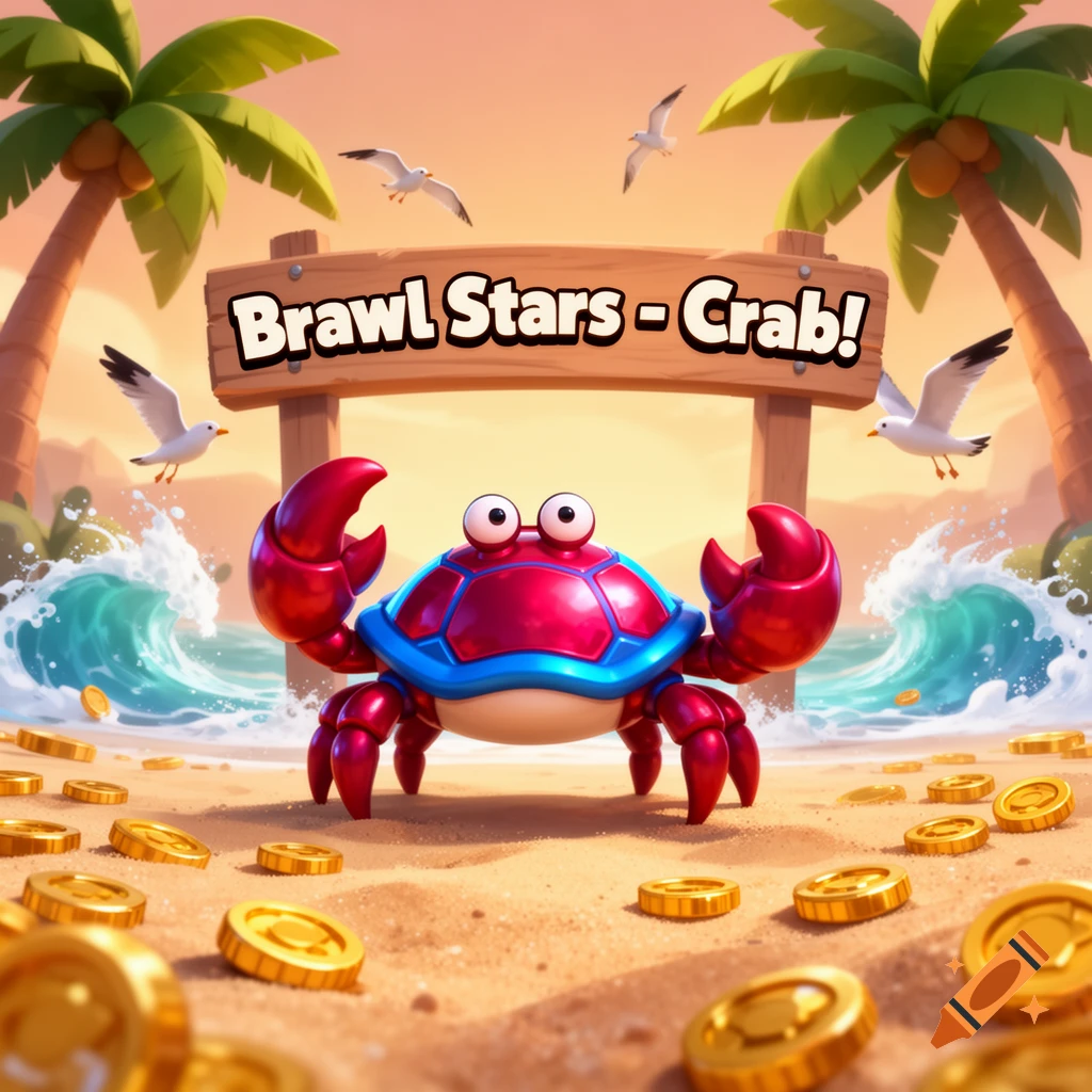 Vibrant cartoon crab on a sandy beach with gold coins, palm trees, seagulls, and a sign reading 'Brawl Stars - Crab!'