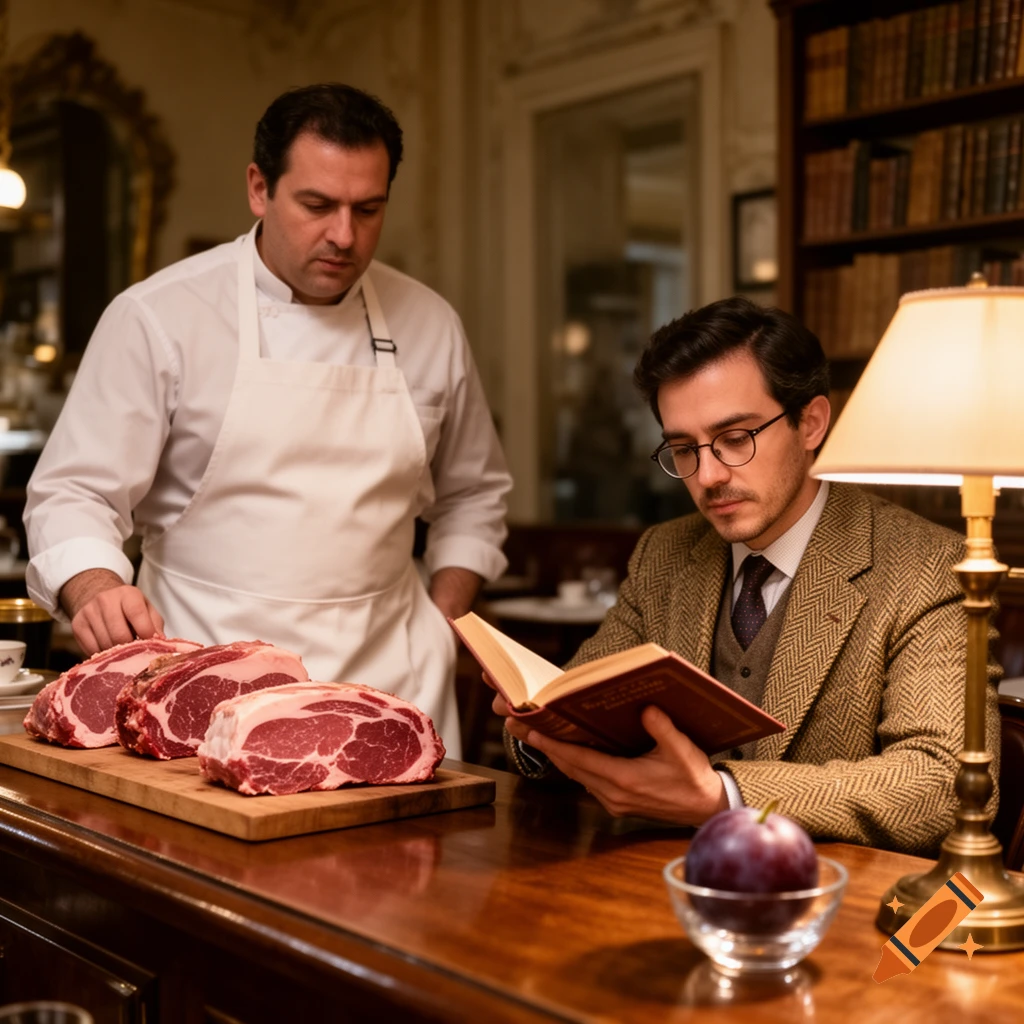A chef stands beside raw meat as a man in glasses reads a book at a polished wooden table in a traditional room.