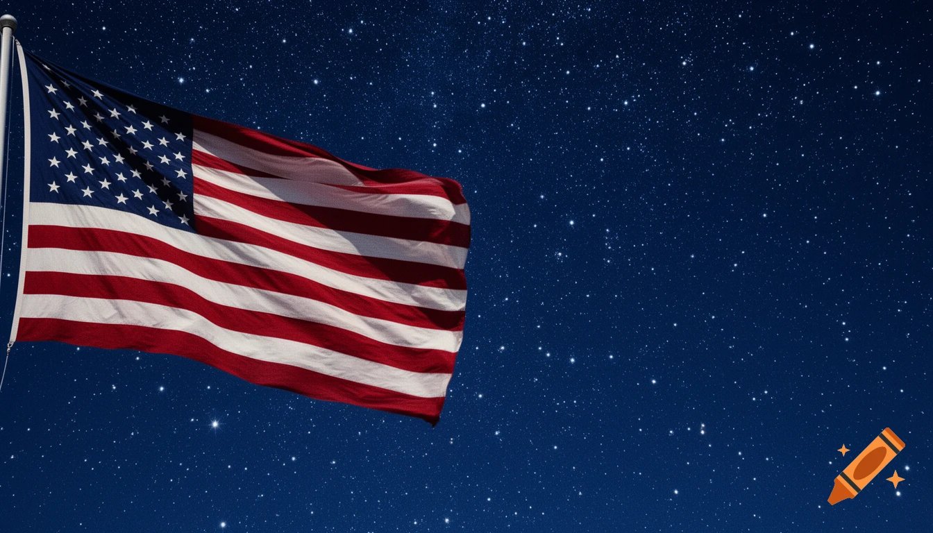 An American flag waves in the foreground against a dark blue, star-filled night sky.